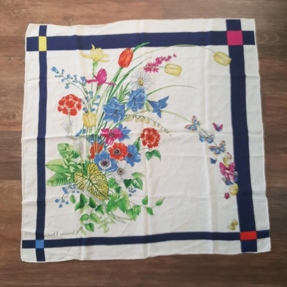 Vintage Christian Dior Floral Butterfly Silk Scarf